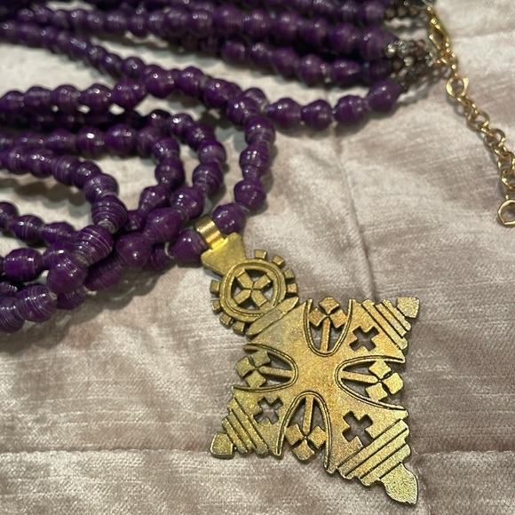 Ethiopian Cross African Beaded Purple 4 Stranded Necklace 32-34” - Picture 12 of 13